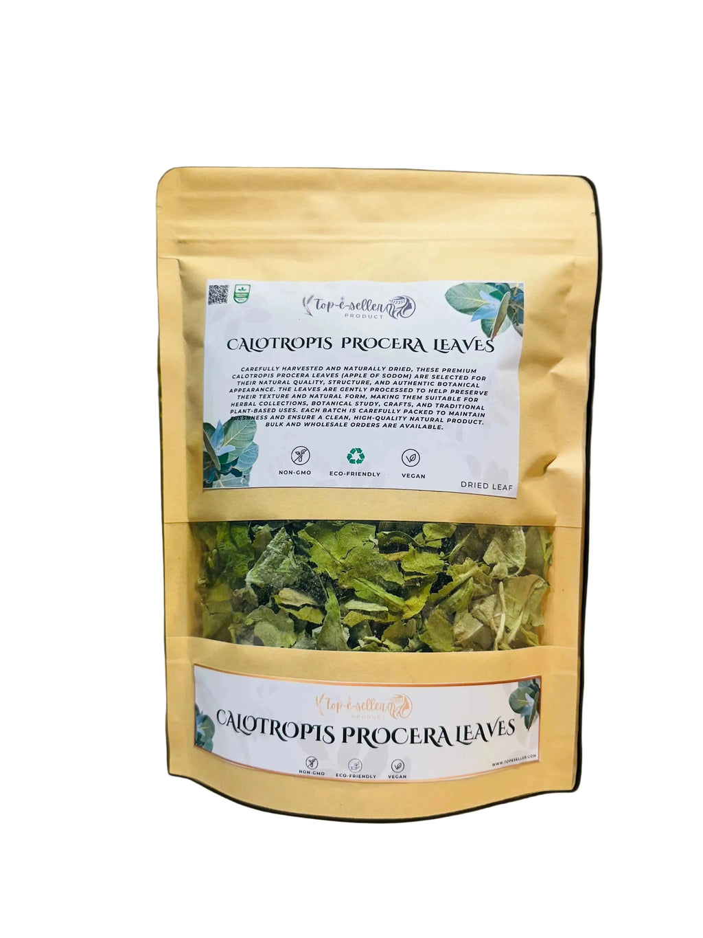 Bag of Calotropis procera leaves with a label on a wooden surface