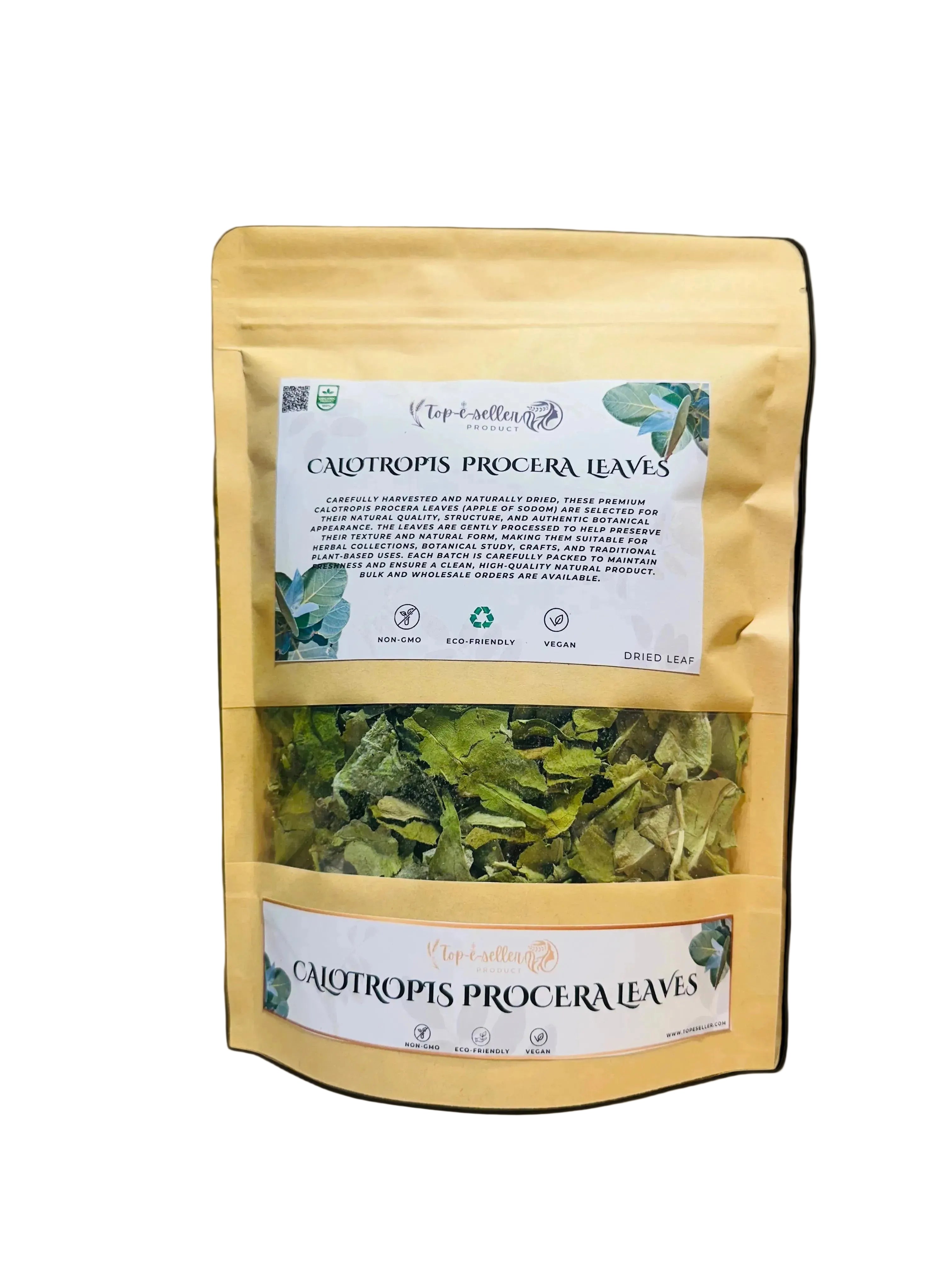 Bag of Calotropis procera leaves with a label on a wooden surface