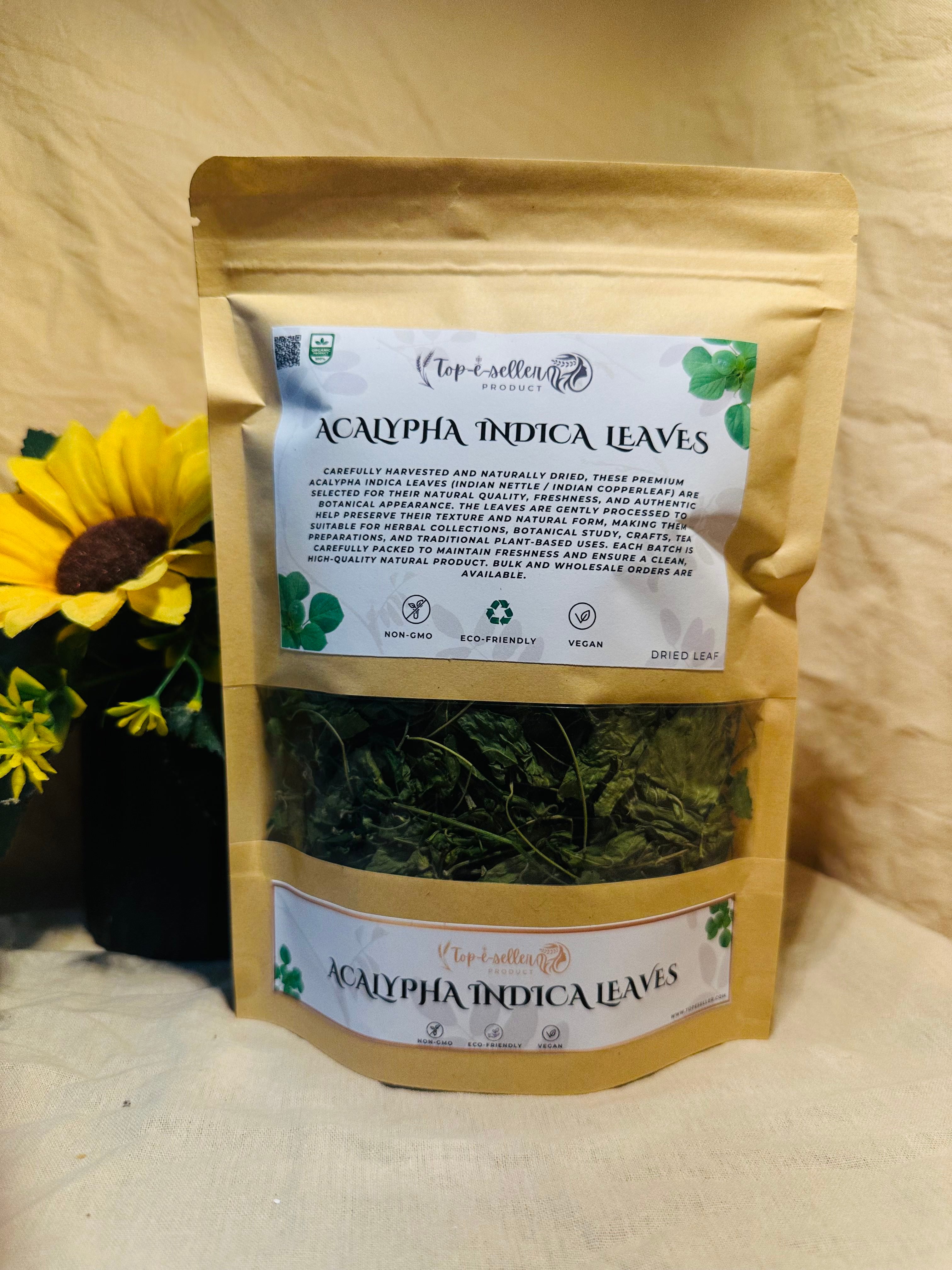 Bag of Acalypha Indica Leaves with a sunflower in the background