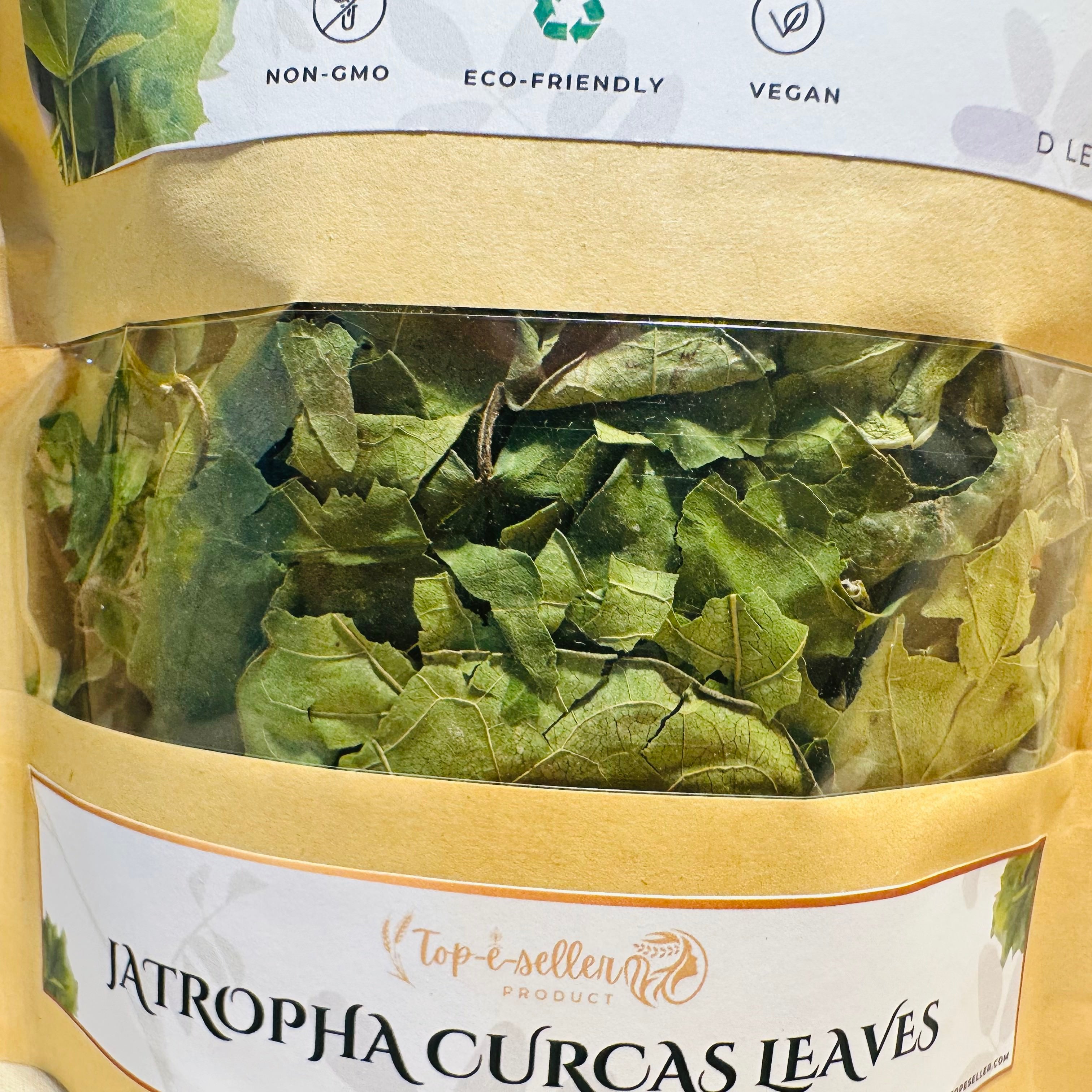 Bag of Jatropha Curcas Leaves with visible branding and labels on a white background