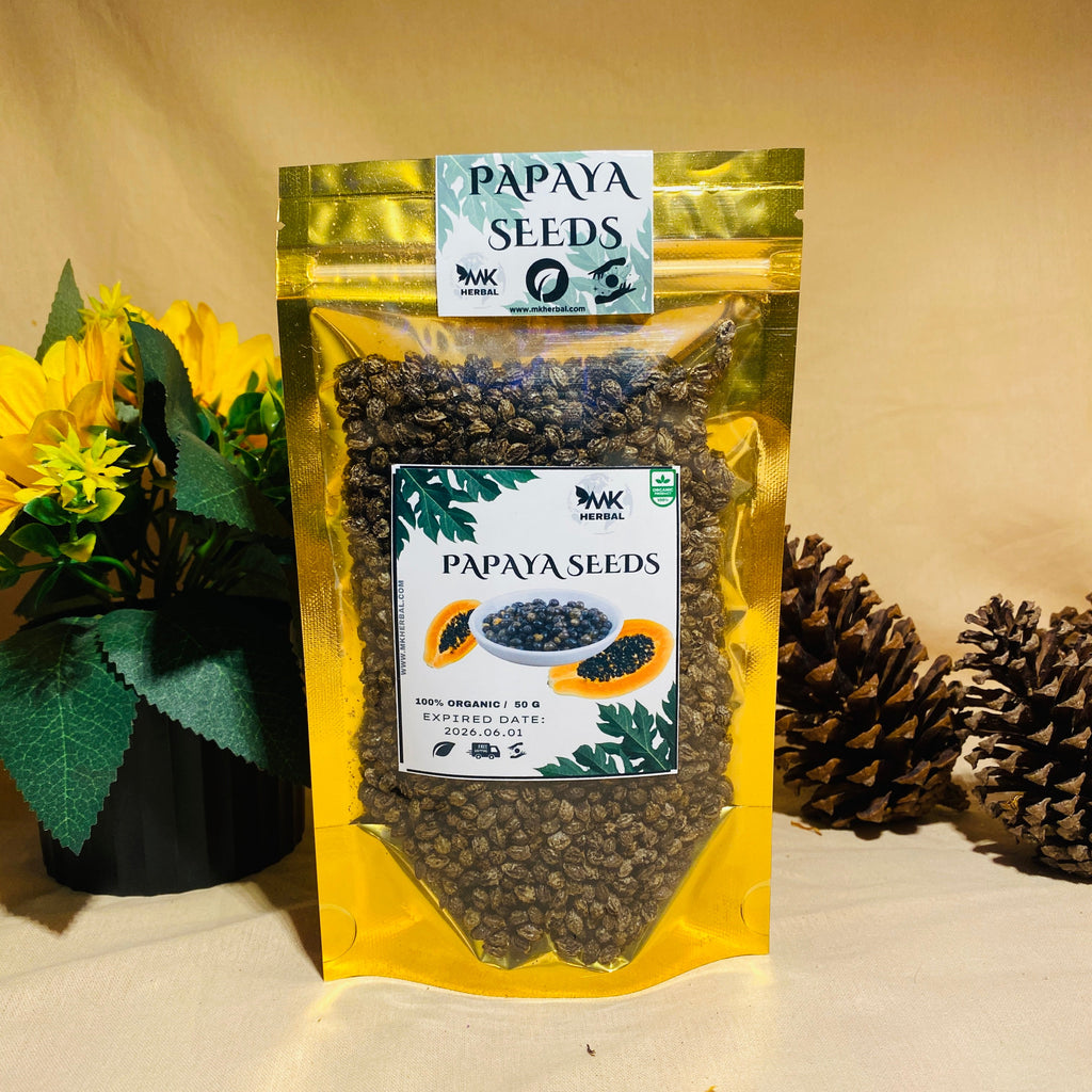 Two packages of papaya seeds with a decorative background including flowers and pine cones.