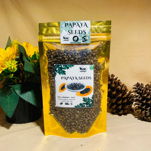 Two packages of papaya seeds with a decorative background including flowers and pine cones.